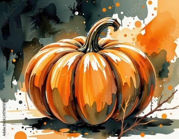 Fototapeta Orange autumn pumpkins and colorful fall leaves create a festive Halloween background illustration.