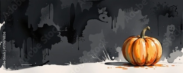 Fototapeta A vibrant pumpkin glows amidst a dark haze, a symbol of autumn reimagined with striking strokes.