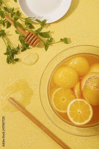 Fototapeta Lemon bowl with honey and mint on yellow background