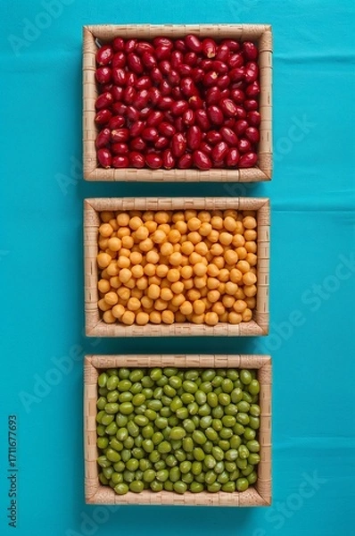 Fototapeta Legumes Display in Crates Top Down Colorful Beans Flat Lay