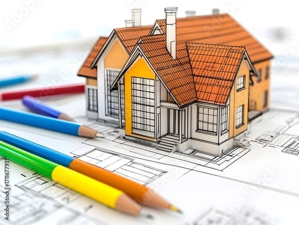 Fototapeta Detailed Architectural Model with Floor Plan and Colorful Pencils