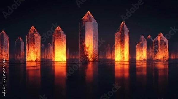 Fototapeta A vibrant display of glowing crystals reflecting light in a dark environment.