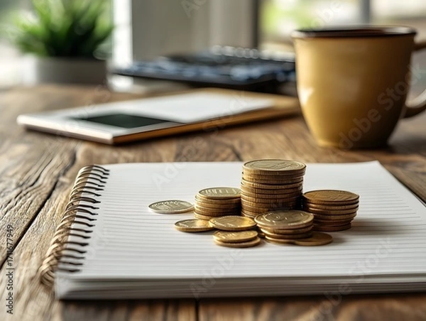 Fototapeta Stacked Coins on Notepad with Coffee and Calculator in Background