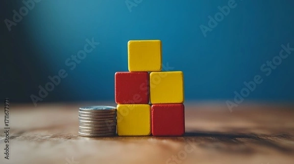 Fototapeta Colorful Building Blocks with Stacks of Coins on Wooden Surface