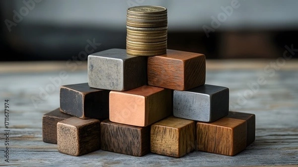 Fototapeta Stack of Colorful Blocks with a Tower of Coins on Wooden Surface