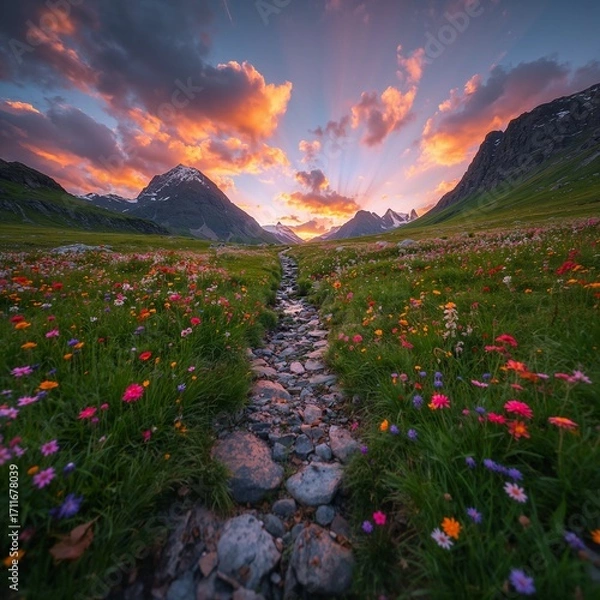 Fototapeta Mountain view with winding path, flowers, and colorful sunset