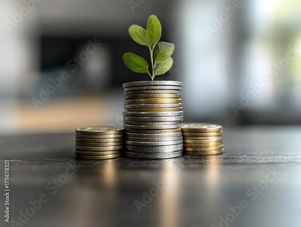 Fototapeta Growth Concept with Coins and Plant Signifying Financial Prosperity
