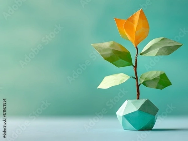 Fototapeta Colorful Origami Flower in a Geometric Pot with Soft Green Background