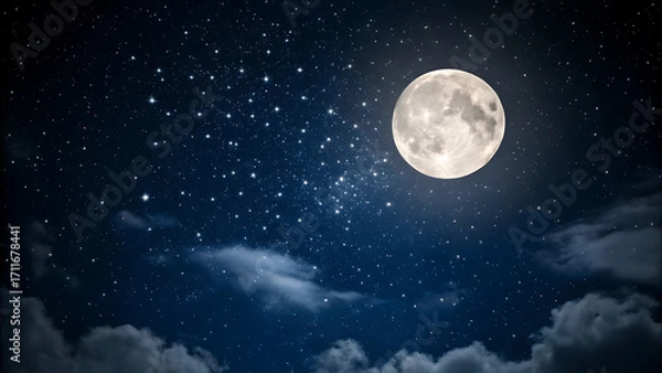 Fototapeta Starry Night Sky with Full Moon and Wispy Clouds