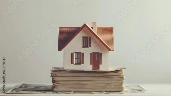 Fototapeta Miniature house model on stack of cash representing real estate value