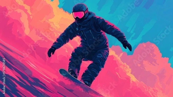 Fototapeta A vibrant illustration of a snowboarder in action against a colorful background.