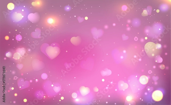 Obraz Dreamy background with pink heart shapes and soft bokeh lights - romantic gradient bg with golden sparkles. Valentine day or wedding invitation love design elements with blurred glowing effects.