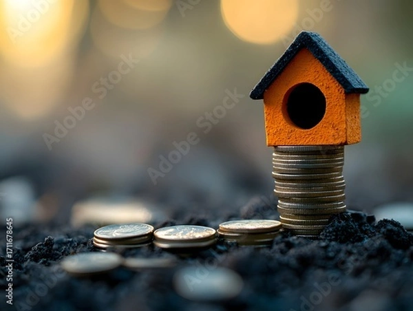 Fototapeta Colorful birdhouse on stack of coins symbolizing savings and wealth