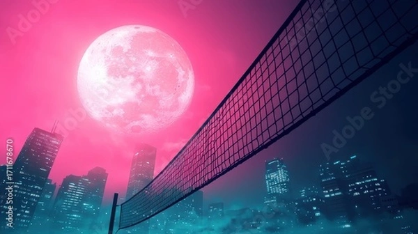 Fototapeta A vibrant night scene featuring a volleyball net against a glowing moon and urban backdrop.