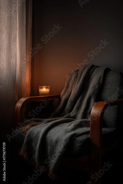 Fototapeta old cozy armchair is positioned beside large window draped with soft warm blanket creating serene atmosphere