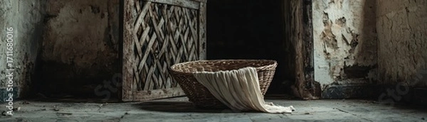 Fototapeta An empty wicker basket draped with fabric in a rustic, abandoned interior space.