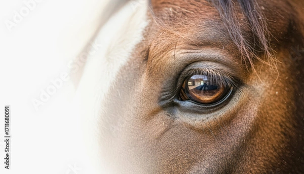 Fototapeta Close-up of horse eye capturing tranquility in nature. captivating detail and natural textures in equestrian scene.