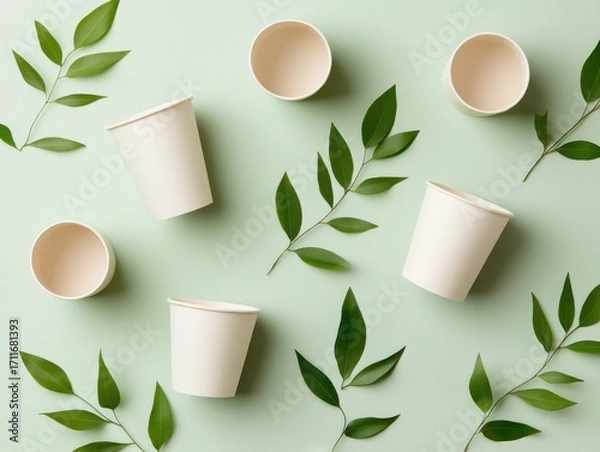 Fototapeta Eco-friendly paper cups surrounded by fresh green leaves on a soft background.