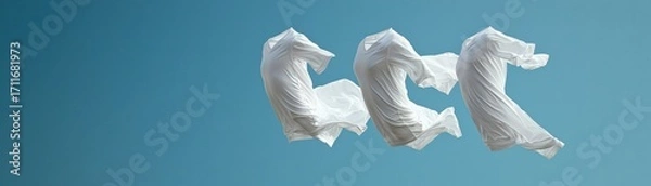 Fototapeta Flowing white fabric suspended against a serene blue sky, creating a sense of calm.