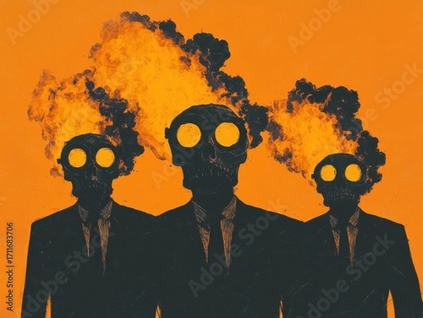Fototapeta Surreal artwork depicting three figures in suits with fiery gas masks against an orange backdrop.