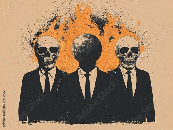 Fototapeta Surreal illustration of three figures representing society and environmental issues.