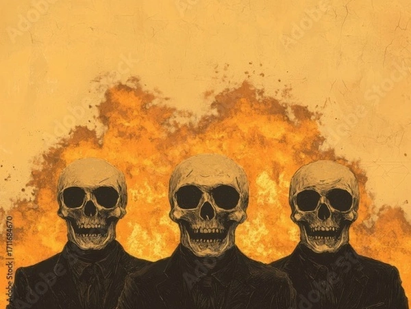 Fototapeta Three stylized skulls in suits against a fiery background, symbolizing mortality.