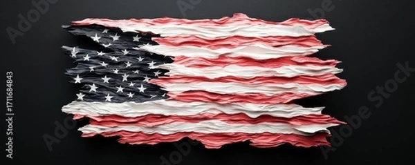 Fototapeta Torn American flag showcasing its vibrant colors and texture against a dark background.