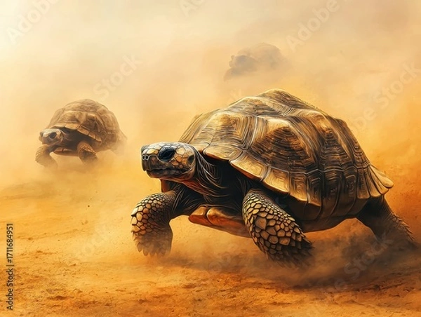 Fototapeta Tortoises moving through a dust cloud in a natural environment under dramatic lighting.