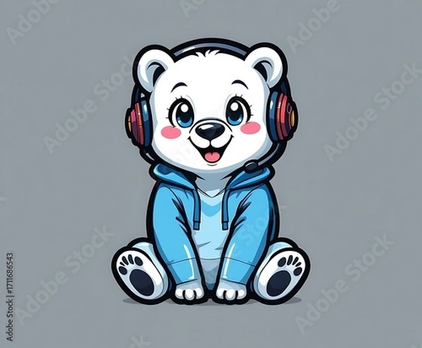 Obraz Cute cartoon polar bear in headphones on gray background. Vector illustration.