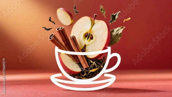 Fototapeta Aromatic apple cinnamon tea blend with dried leaves and spices on gradient background.