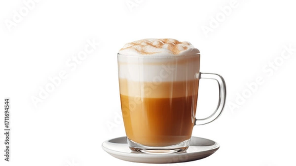 Obraz A clear glass mug filled with a layered beverage and topped with whipped cream on a white saucer