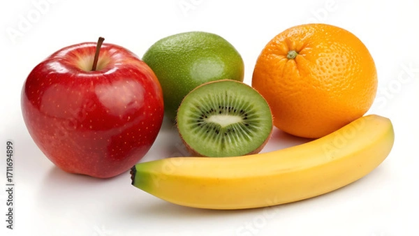Fototapeta Colorful Fresh Fruits on White Background – Apple, Kiwi, Orange, Banana