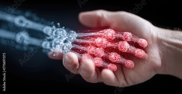 Fototapeta Hand interacting with abstract, glowing particles