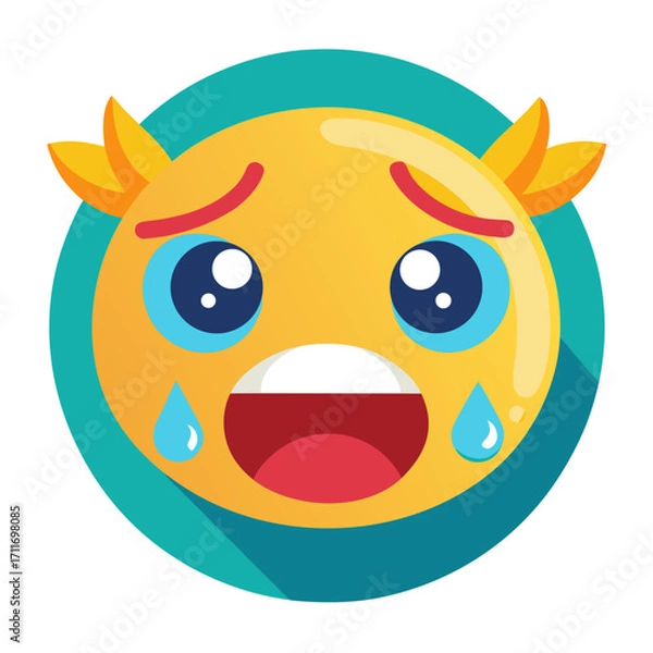 Fototapeta Yellow emoji face with open mouth crying big tears sadness emotion expression feeling icon