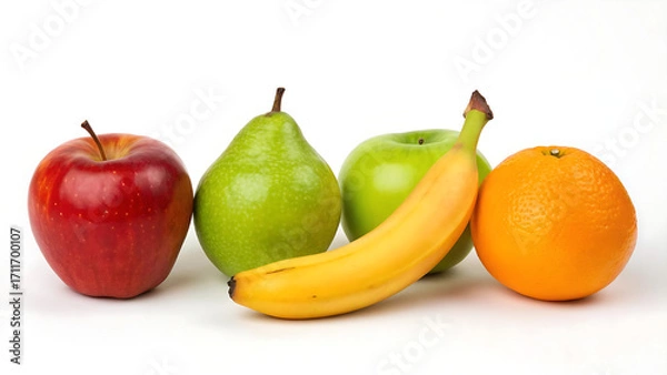 Fototapeta Colorful Fresh Fruits in a Row on White Background – Apple, Pear, Banana, Orange