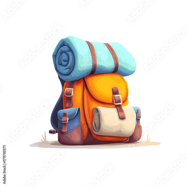 Fototapeta Orange camping backpack with rolled mat and pockets, adventurous