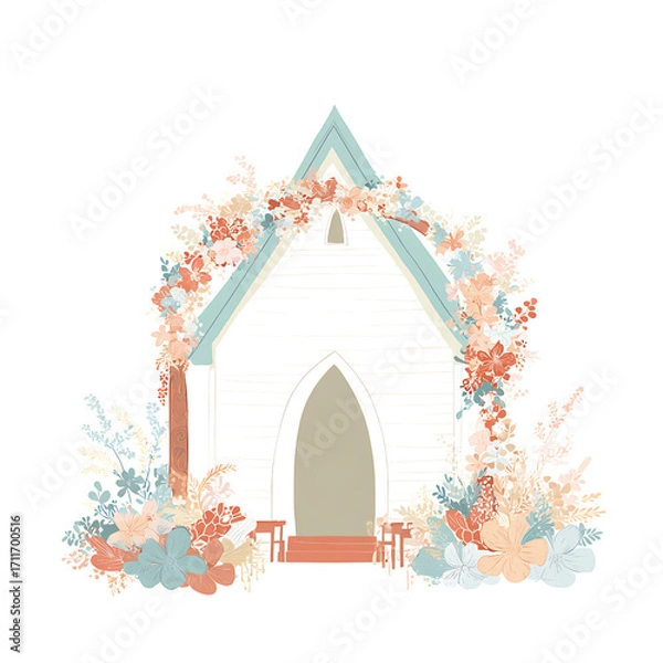Fototapeta Rustic floral chapel arch with pastel flowers and foliage