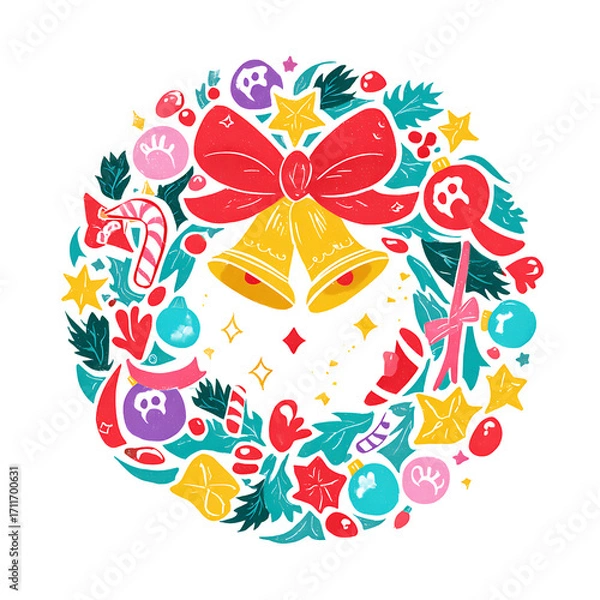 Fototapeta Festive wreath with bells and bow joyful