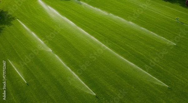 Fototapeta Automated sprinklers watering vibrant green lawn, irrigation system in action