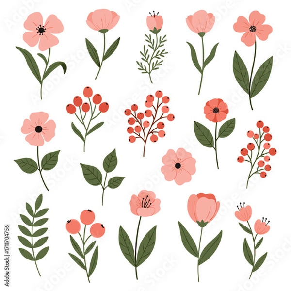 Obraz A collection of delicate pink flowers and berries arranged in a pleasing composition.