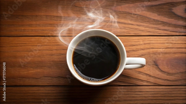 Fototapeta Steaming Cup of Black Coffee on Wooden Table – Top View