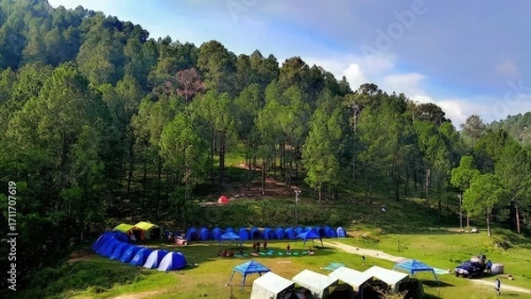 Fototapeta Camping in the Forest: An aerial panorama of a vibrant camping ground, dotted with tents nestled amongst the lush greenery of towering trees, evokes the adventurous spirit of outdoor recreation.