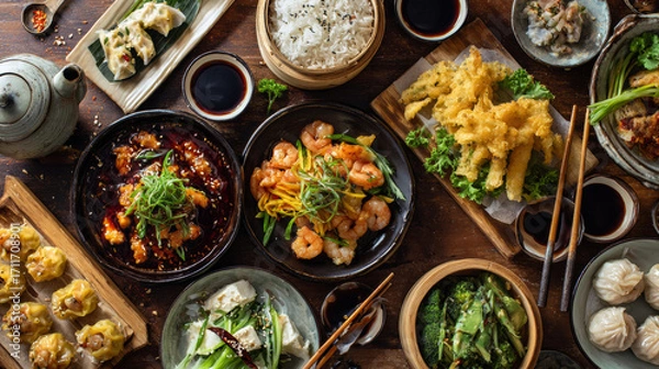 Obraz top view of a table full of asian food