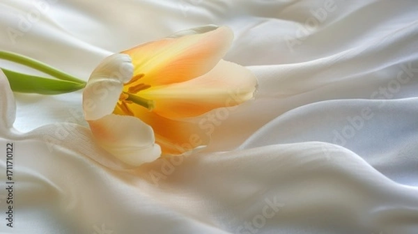 Fototapeta Elegant Single Tulip on Soft White Silk Fabric Background