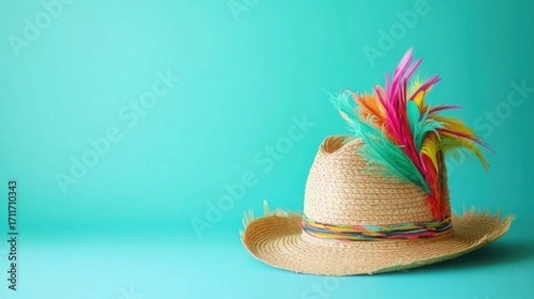 Fototapeta Colorful Straw Hat with Vibrant Feathers on Teal Background