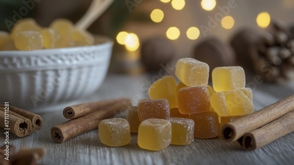 Fototapeta Colorful Yellow Gummies with Cinnamon Sticks and Cozy Background Bokeh