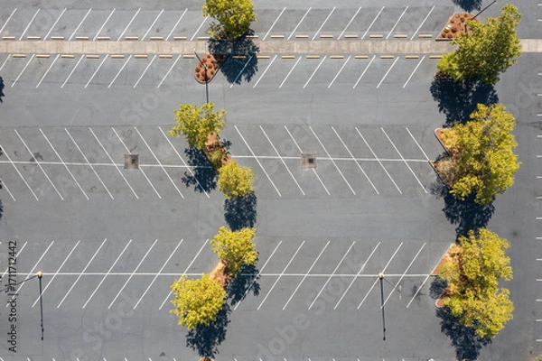 Fototapeta Aerial drone top down view of a large empty parking lot in a busy shopping and industrial district in Portland, Oregon, showing organized rows for cars, bushes  and trees in fall autumn colors