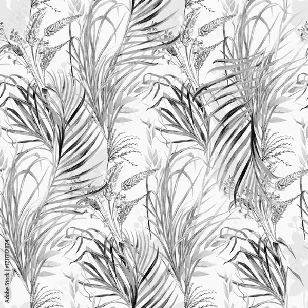 Fototapeta Seamless watercolor black and white pattern with delicate stems and leaves of palm grasses