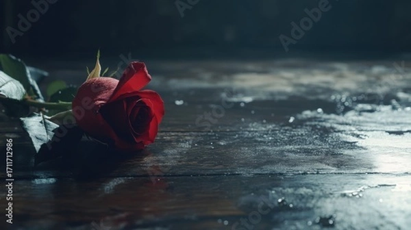 Fototapeta Beautiful Red Rose Lying on Wet Wooden Floor with Soft Lighting