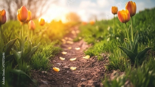 Fototapeta Beautiful Tulip Pathway with Sunlight and Petals in Spring